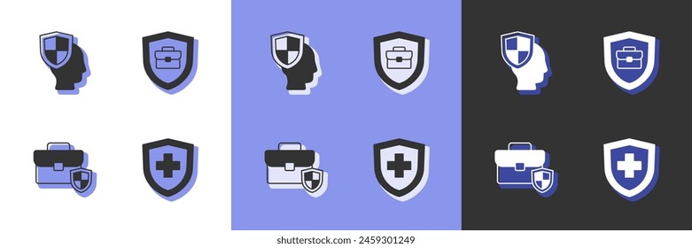 Set Seguro de vida con escudo, Maletín e icono. Vector