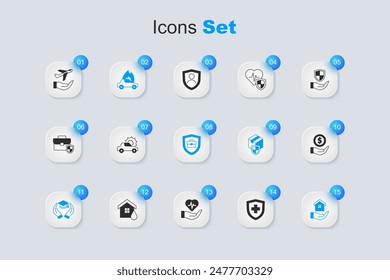 Set Life insurance with shield, Car, Burning car, Education grant, House hand, Money, Plane and Briefcase icon. Vector