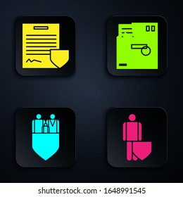 Set Life insurance with shield, Contract with shield, Family insurance with shield and Ordered envelope. Black square button. Vector