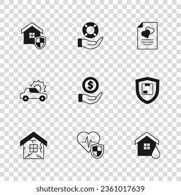 Set Life insurance with shield, Delivery security, House flood, Money, Marriage contract, Lifebuoy hand and Car icon. Vector