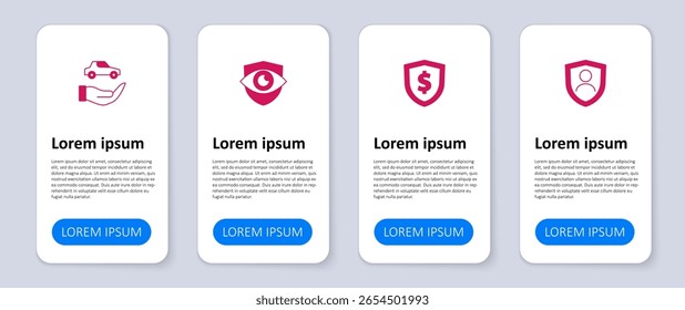 Establezca el seguro de vida con el escudo, el dólar del escudo, y el ojo y el coche. Plantilla de infografía de negocios. Vector