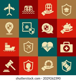Set Life insurance with shield, First aid kit, Piggy bank hand, House, Safe, Location, Plane and  icon. Vector
