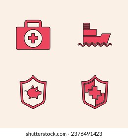 Set Life insurance with shield, First aid kit, Ship and Piggy bank icon. Vector