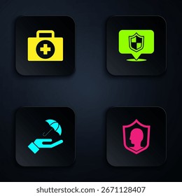 Set Life insurance with shield, First aid kit, Umbrella hand and Location. Black square button. Vector