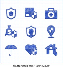 Set Life insurance with shield, House flood, Location, Umbrella, Money, First aid kit and Graduation cap icon. Vector