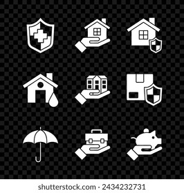 Set Life insurance with shield, House hand, Umbrella, Hand holding briefcase, Piggy bank, flood and  icon. Vector