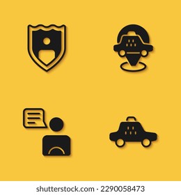 Set Life insurance with shield, Taxi car, driver and Location taxi icon with long shadow. Vector