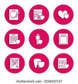 Set Life insurance with shield, Tooth, Medical hospital building, Empty form, Delete file document, Contract, Heart and Blank notebook and pen icon. Vector