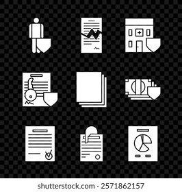 Set Life insurance with shield, Torn contract, Medical hospital building, Confirmed document and check mark, File paper clip, Document graph chart, key and Clean icon. Vector