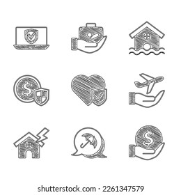 Set Life insurance with shield, Umbrella, Money, Plane hand, House lightning, flood and Insurance online icon. Vector