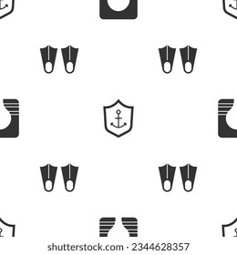 Set Life jacket, Anchor inside shield and Rubber flippers on seamless pattern. Vector