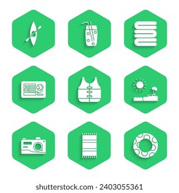 Set Life jacket, Beach towel, Rubber swimming ring, with umbrella and chair, Photo camera, Passport visa stamp, Towel stack and Kayak canoe paddle icon. Vector