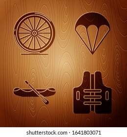 Set Life jacket, Bicycle wheel, Rafting boat and Parachute on wooden background. Vector