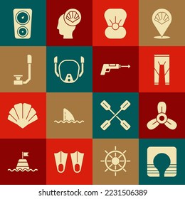 Set Life jacket, Boat propeller, turbine, Wetsuit, Shell with pearl, Diving mask, Snorkel, Gauge scale and Fishing harpoon icon. Vector