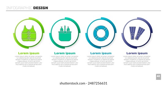 Set Life jacket, Cooler bag and water, Lifebuoy and Rubber flippers. Business infographic template. Vector