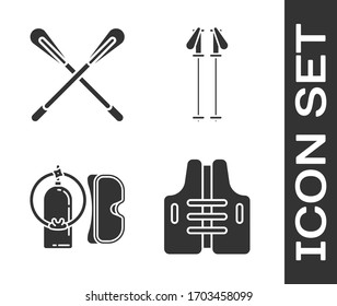 Set Life jacket, Crossed paddle, Diving mask and aqualung and Ski poles icon. Vector