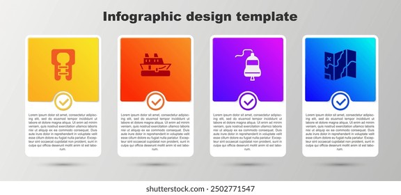 Conjunto Chaleco salvavidas, crucero, campana de barco y mapa plegado. Plantilla de infografía de negocios. Vector