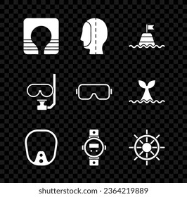 Set Life jacket, Diving hood, Floating buoy on the sea, mask, watch, Ship steering wheel, and snorkel and  icon. Vector