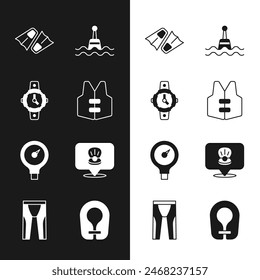 Set Life jacket, Diving watch, Flippers for swimming, Floating buoy, Gauge scale, Scallop sea shell,  and Wetsuit scuba diving icon. Vector