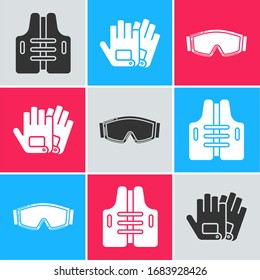 Set Life jacket, Gloves and Ski goggles icon. Vector