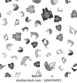 Set Life jacket, Helmet, Bicycle on street ramp and Knee pads on seamless pattern. Vector