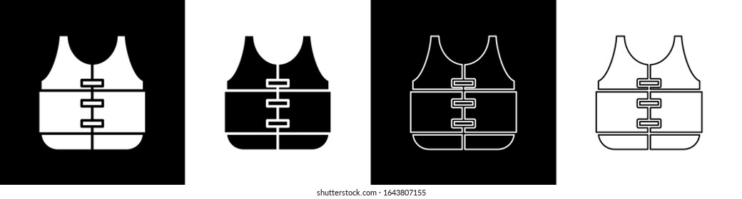 Set Life-Jacke Symbol einzeln auf schwarz-weißem Hintergrund. Lebensweste-Symbol. Extremsport. Sportgeräte. Vektorillustration-Illustration