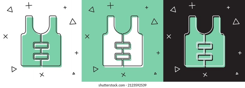 Set Life jacket icon isolated on white and green, black background. Life vest icon. Extreme sport. Sport equipment.  Vector