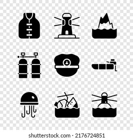 Ponga la chaqueta Life, Lighthouse, Iceberg, Jellyfish, Sinking cruise ship, Aqualung y el icono del sombrero Captain. Vector