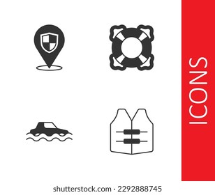 Set Life jacket, Location shield, Flood car and Lifebuoy icon. Vector