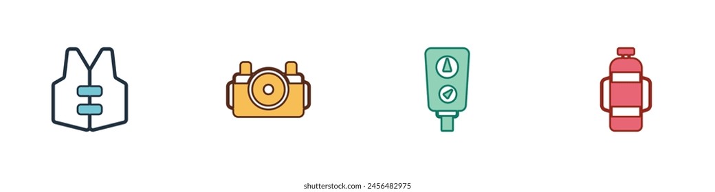 Set Life jacket, Photo camera for diver, Gauge scale and Aqualung icon. Vector