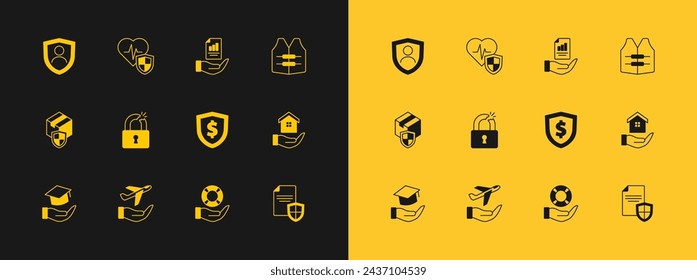 Set Life jacket, Plane in hand, Shield with dollar, Lifebuoy, Broken or cracked lock, Contract, insurance shield and  icon. Vector