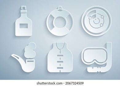 Set Life jacket, Radar with targets, Smoking pipe, Diving mask and snorkel, Lifebuoy and Rum bottle icon. Vector