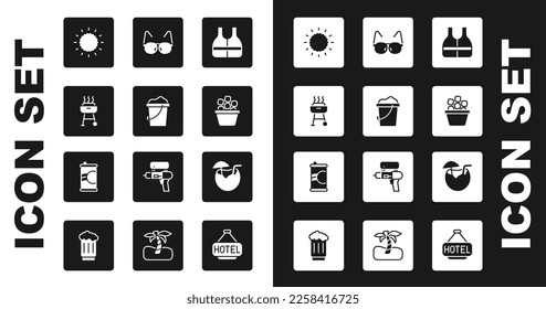 Set Life jacket, Sand in bucket, Barbecue grill, Sun, Ice, Glasses, Coconut cocktail and Soda can icon. Vector