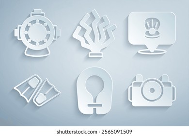 Set Life jacket, Scallop sea shell, Flippers for swimming, Photo camera diver, Coral and Aqualung icon. Vector