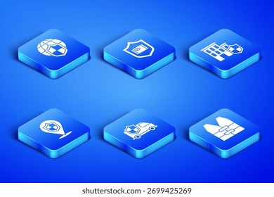 Set Life jacket, Shield with world globe, Car shield, Location, Travel suitcase and House icon. Vector