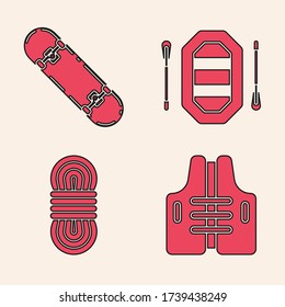 Set Life jacket, Skateboard trick, Rafting boat and Climber rope icon. Vector