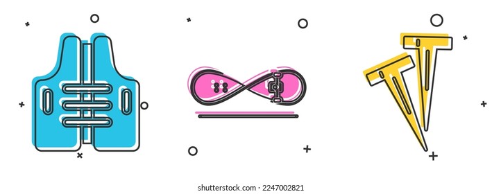 Set Life jacket, Skateboard trick and Pegs for tents icon. Vector