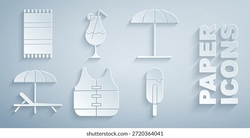 Jaqueta de vida, guarda-chuva protetor solar para praia, Sunbed and, Sorvete, Cocktail bebida alcoólica e ícone toalha de praia. Vetor