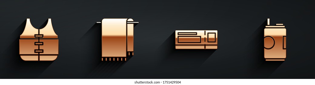 Ponga la chaqueta Life, la toalla en una percha, el billete de viaje y la soda pueden ícono con sombra larga. Vector