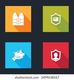Set Life jacket, Travel suitcase with shield, Piggy bank and insurance icon. Vector
