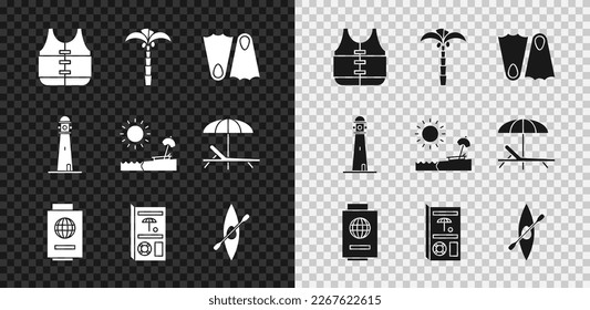 Set Life jacket, Tropical palm tree, Rubber flippers, Passport with ticket, Travel brochure, Kayak canoe and paddle, Lighthouse and Beach umbrella chair icon. Vector