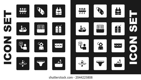 Set Life jacket, Water polo, Jet ski, Canoe rowing team sports, Aqualung, Surfboard, Swimming pool and Assessment of judges icon. Vector