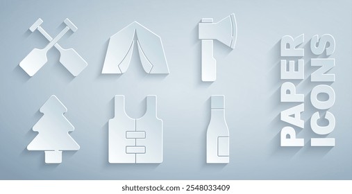 Set Life jacket, Wooden axe, Forest, Bottle of water, Tourist tent and Paddle icon. Vector
