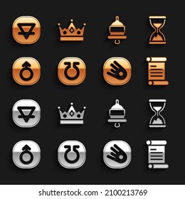 Set Life, Old hourglass with sand, Decree, parchment, scroll, Comet falling down fast, Mars, Ringing alarm bell, Earth element and King crown icon. Vector