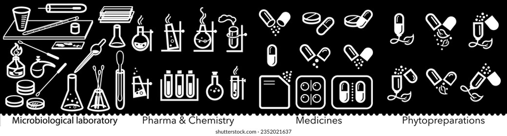 Set of life sciences and laboratory icons. Microbiological laboratory, medicine, pharma, chemistry and phytopreparation signs. Vector Illustration