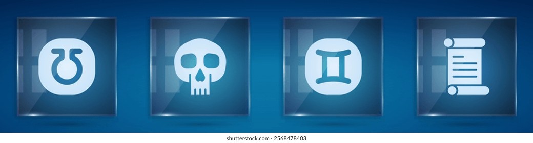 Set Life, Skull, Gemini zodiac and Decree, parchment, scroll. Square glass panels. Vector