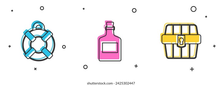 Set Lifebuoy, Alcohol drink Rum and Antique treasure chest icon. Vector