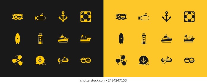 Set Lifebuoy, Anchor, Speedboat, Kayak and paddle, Lighthouse, Nautical rope knots and Submarine icon. Vector