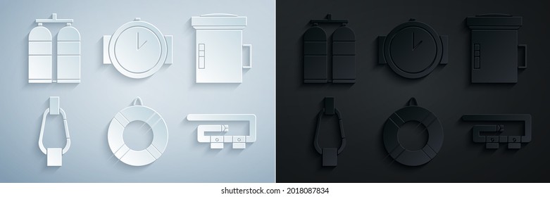 Set Lifebuoy, Big flashlight for diver, Carabiner, Diving belt, watch and Aqualung icon. Vector