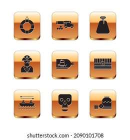 Set Lifebuoy, Boat with oars, Skull, Bottle ship inside, Pirate captain, sack, game dice and Cannon cannonballs icon. Vector